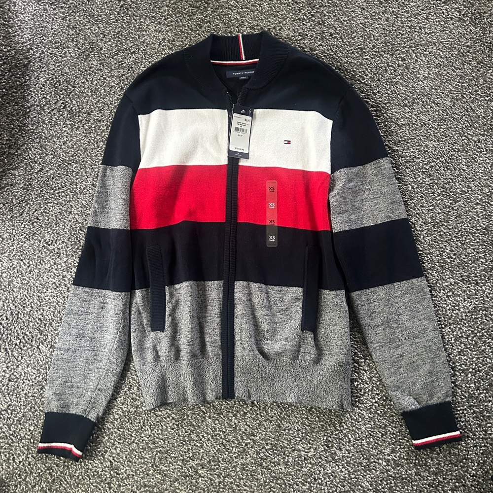 NWT Tommy Hilfiger Men's Zip Up Sweater - Navy, White, Red, Gray